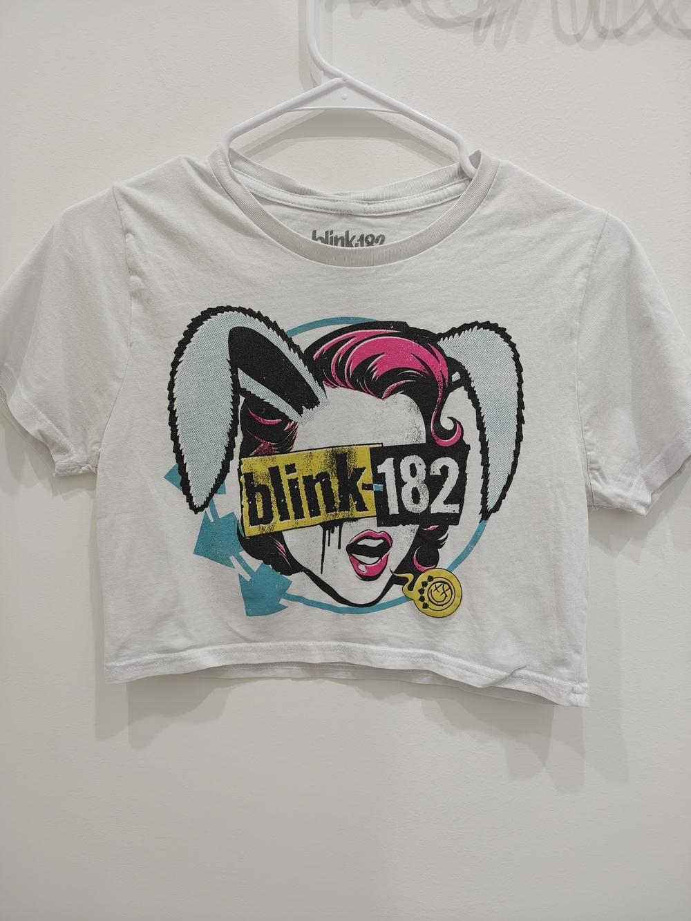 Hot Topic White Blink-182 Cropped Graphic Tee with Pink Accent